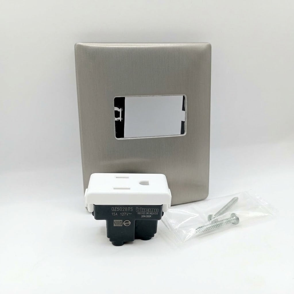 Pack 2 Placa Acero 1 Módulo + Contacto Bticino 15A