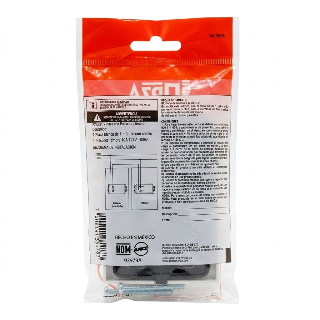 Pack 5 Placa Forza FZA551 Pulsador Timbre Blanca 10A 127V