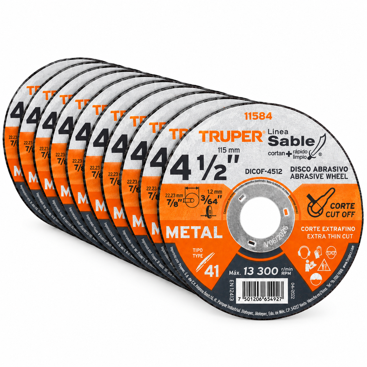 Pack 10 Discos De Corte 4-1/2" 1.2mm Truper