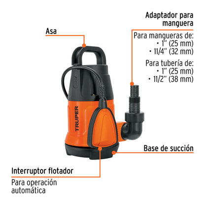 Bomba Sumergible Plástica, 3/4 Hp Para Agua Limpia, 127 V Truper Bos-3/4lp Naranja