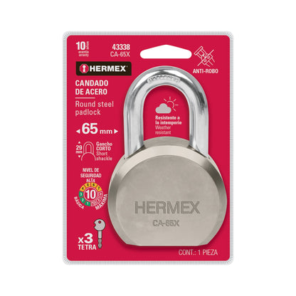 Candado Hermex Redondo 65mm 3 Llaves De Punto Gancho Normal