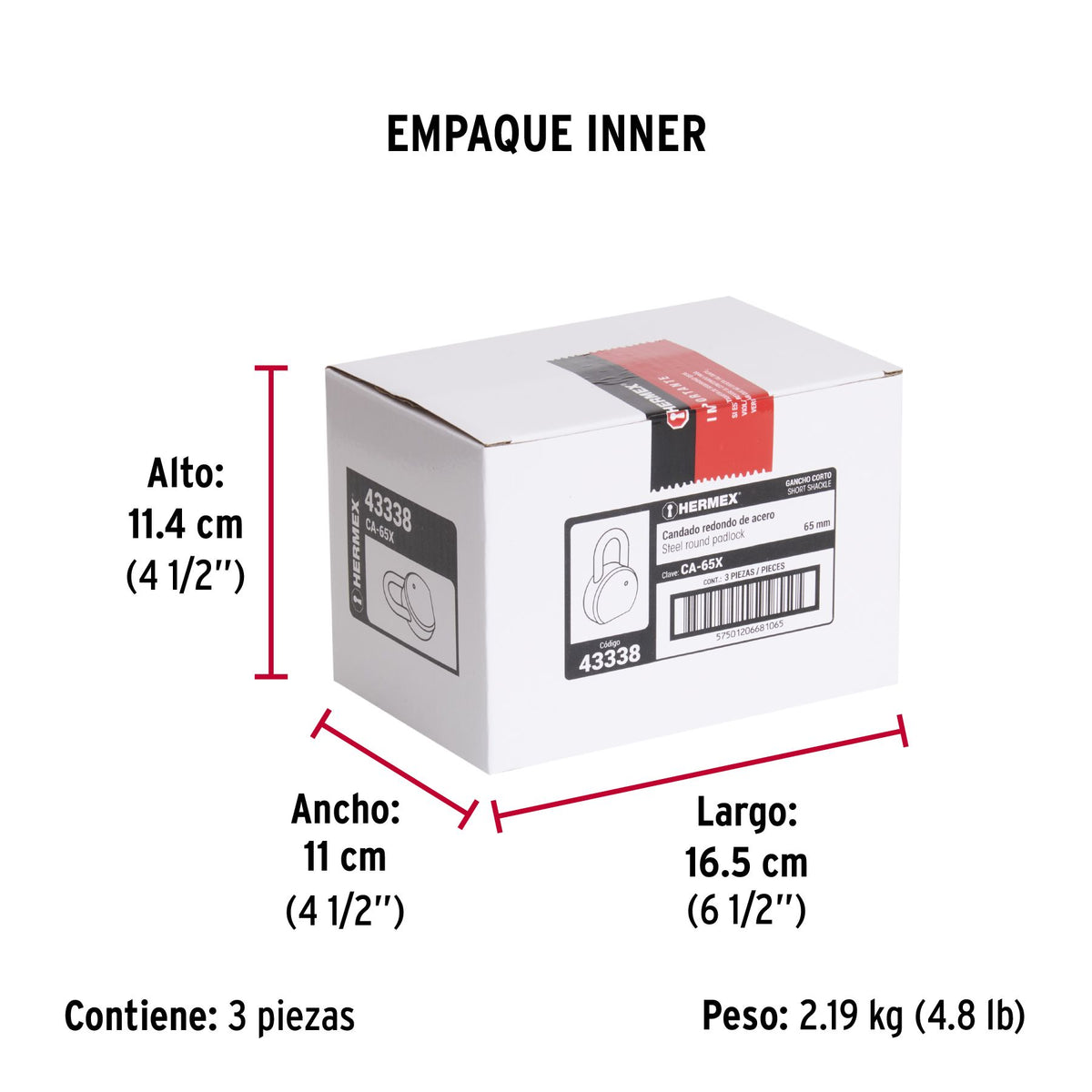 Candado Hermex Redondo 65mm 3 Llaves De Punto Gancho Normal