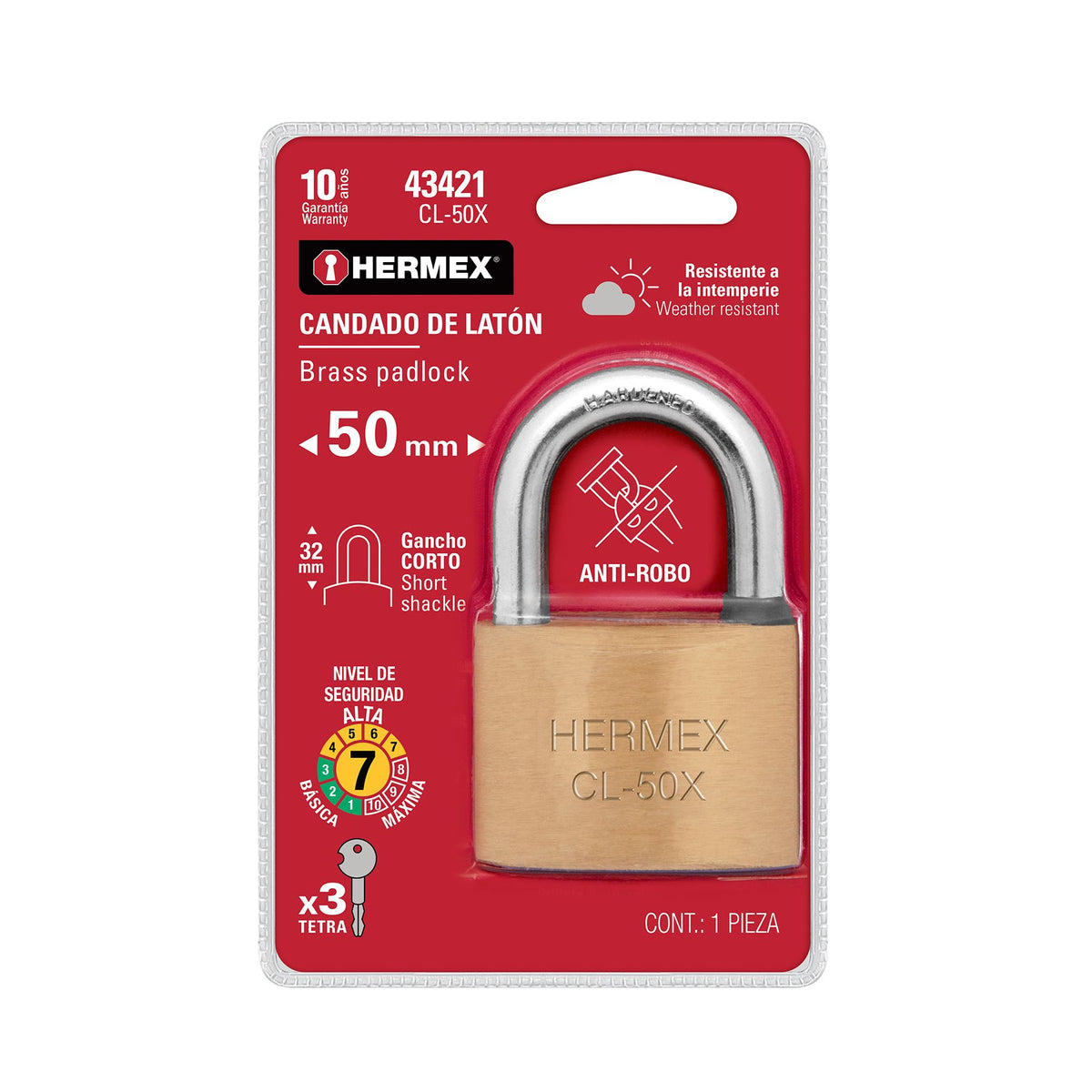 Candado Hermex 50 mm Latón Gancho Corto Llave Tetra 43421