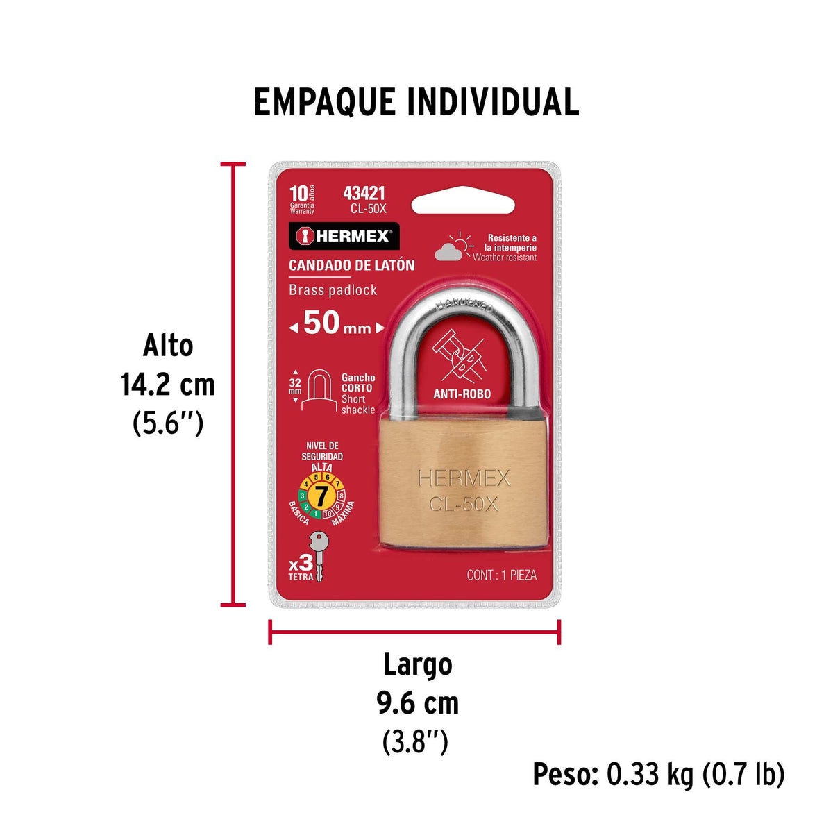 Candado Hermex 50 mm Latón Gancho Corto Llave Tetra 43421