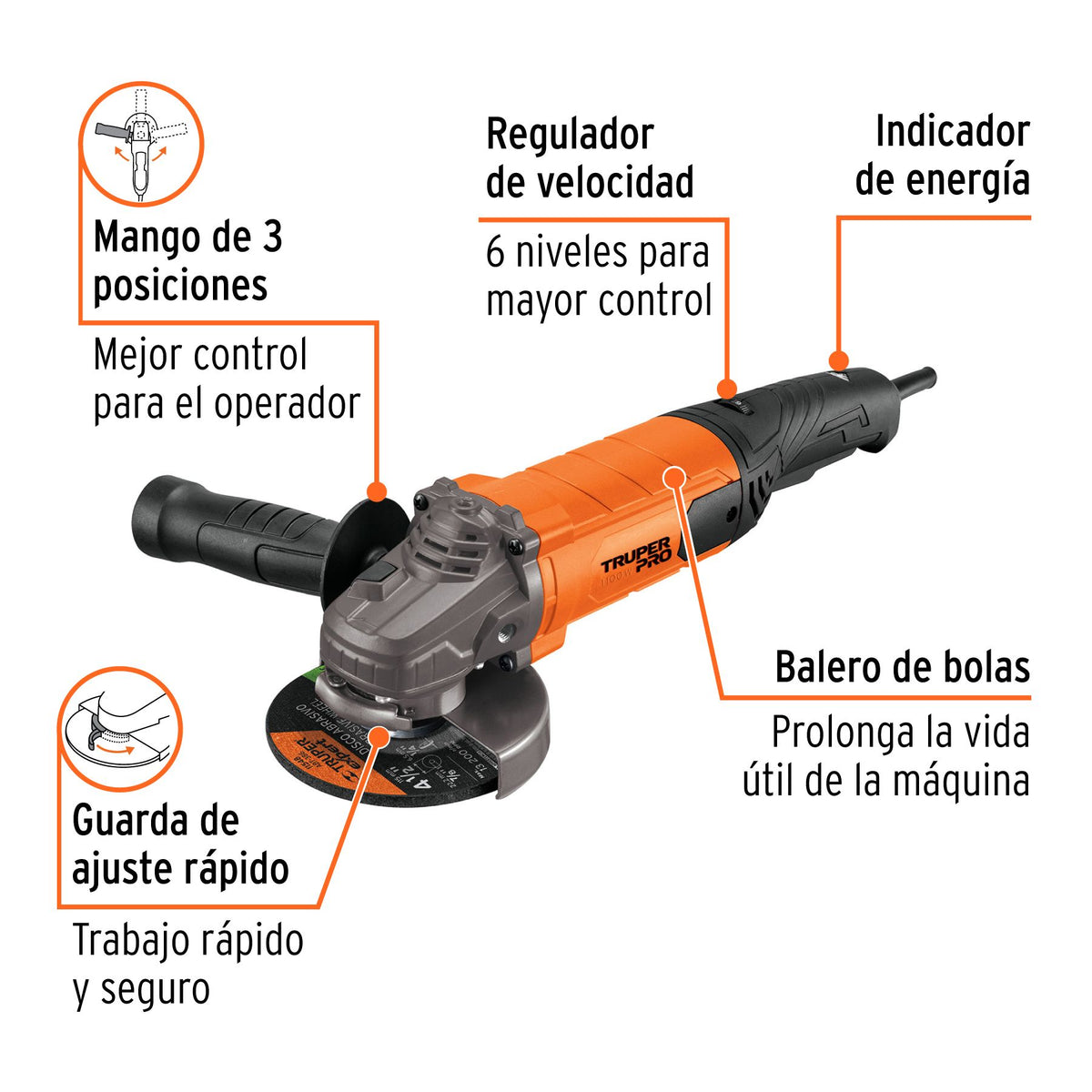 Esmeriladora Angular De 4-1/2 1100w Truper Pro Esma-45110 Naranja