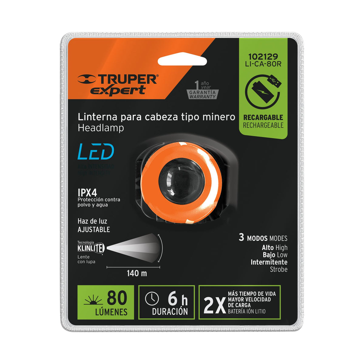 Linterna De Cabeza Recargable 80 Lúmenes Led Ajustable