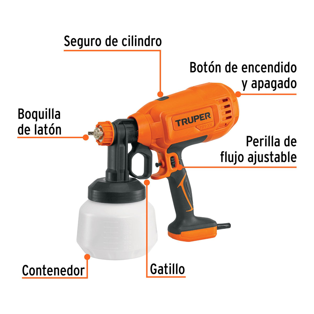 Pistola Eléctrica Para Pintar De 330w, 900ml, Truper Pipi-33e Naranja